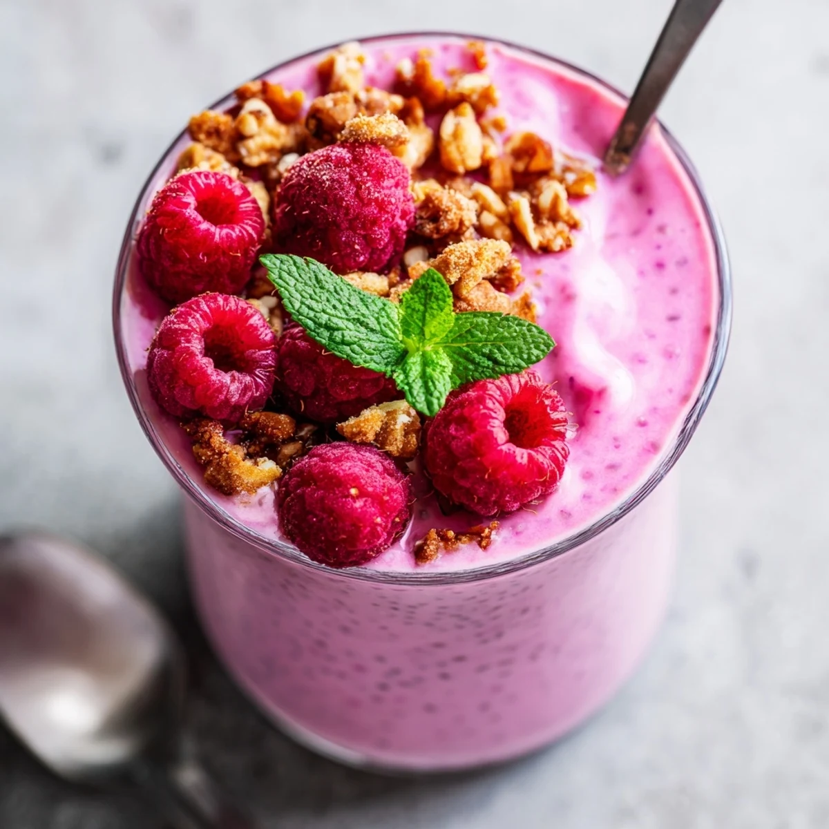 Thick and luscious raspberry chia pudding garnished with whole raspberries and chopped nuts