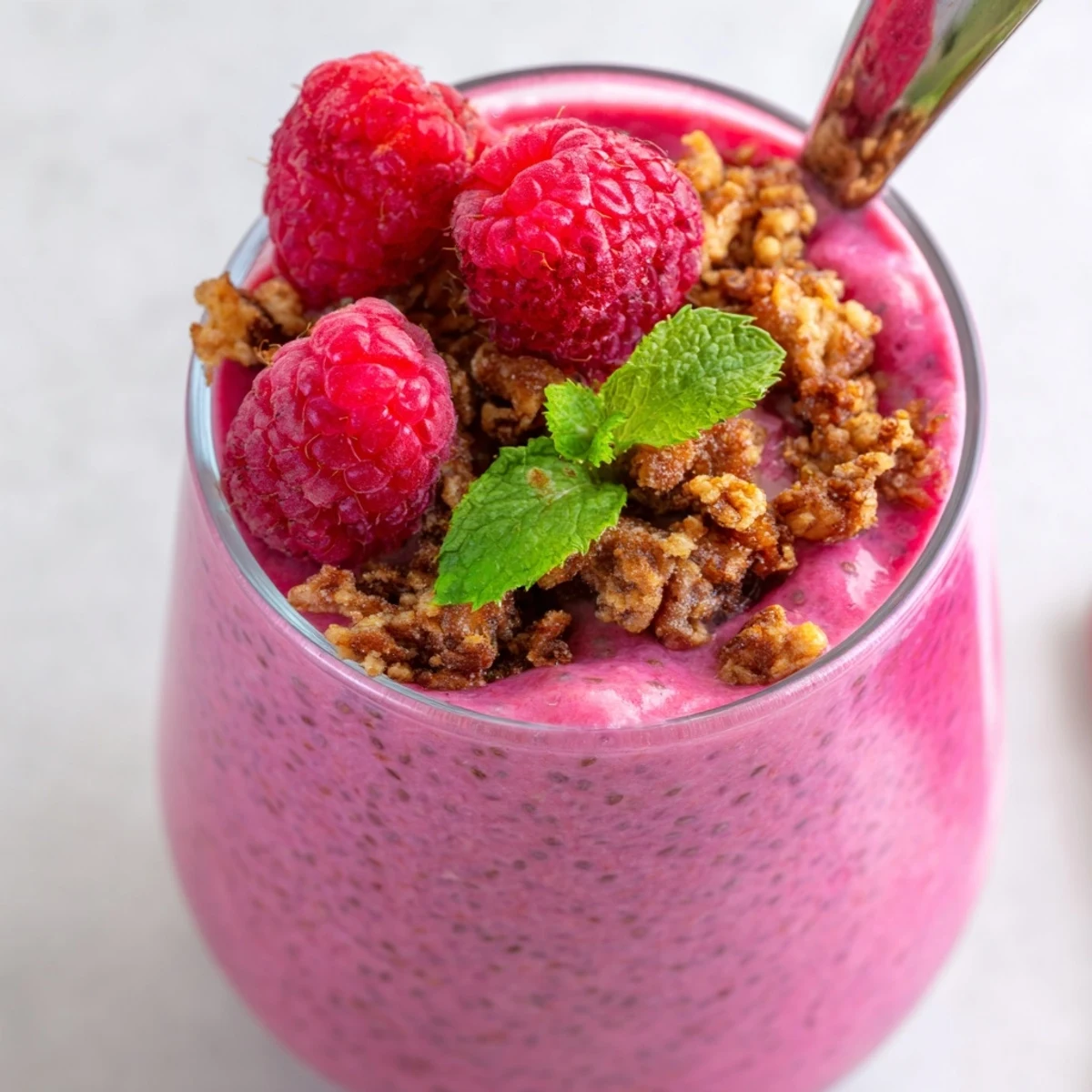 Vibrant pink raspberry chia pudding layered with granola and mint leaves for breakfast