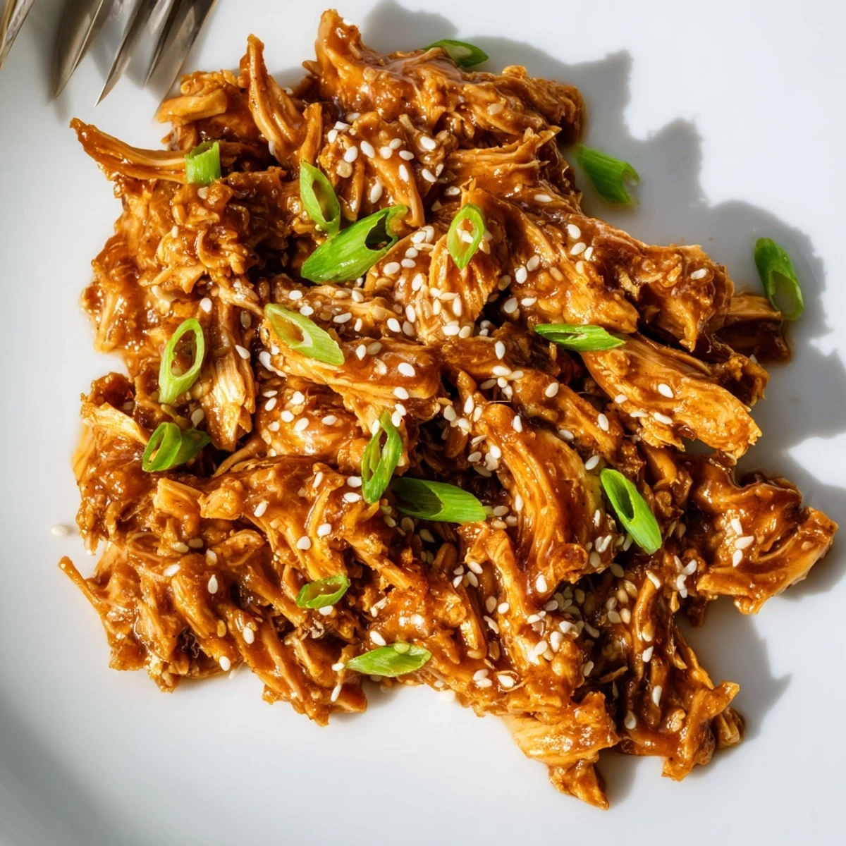 Tender shredded slow cooker teriyaki chicken glazed in glossy caramelized sauce over fluffy white rice