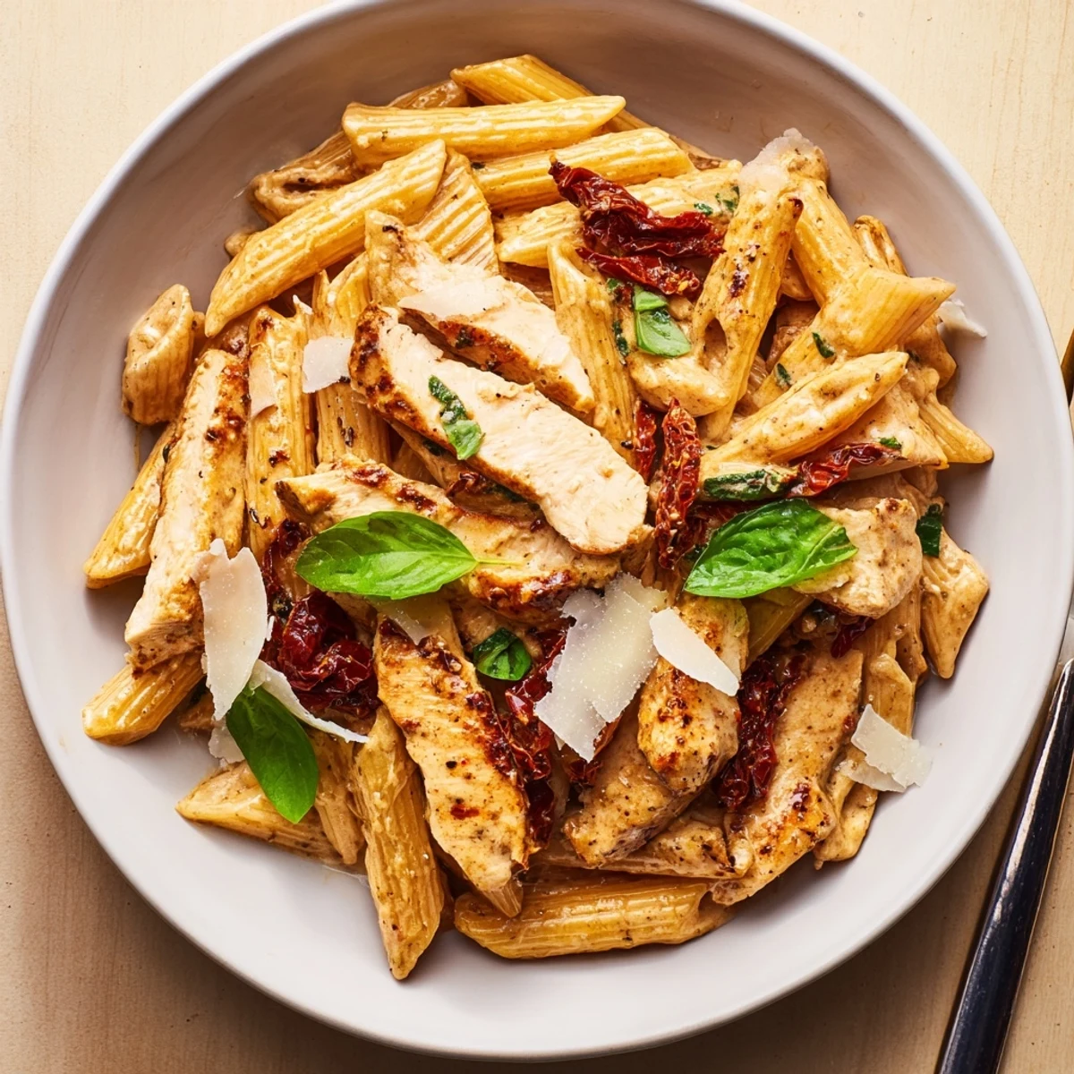 Creamy Marry Me Chicken Pasta plated with sun-dried tomatoes and fresh basil garnish