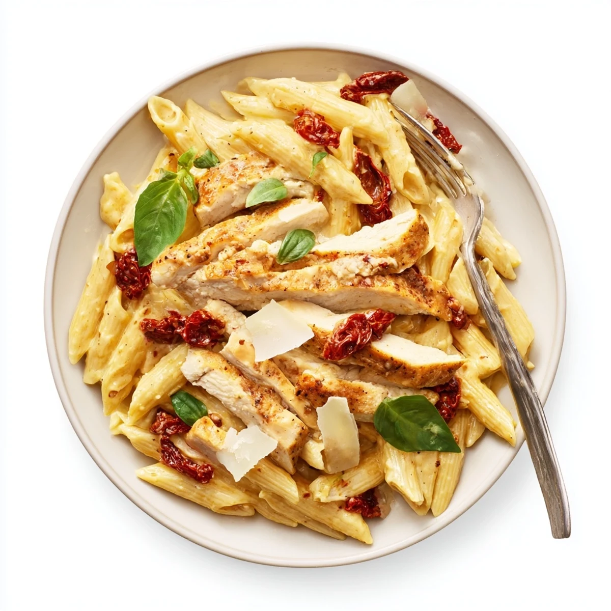 Golden sliced chicken swirled with penne in rich garlic Parmesan cream sauce