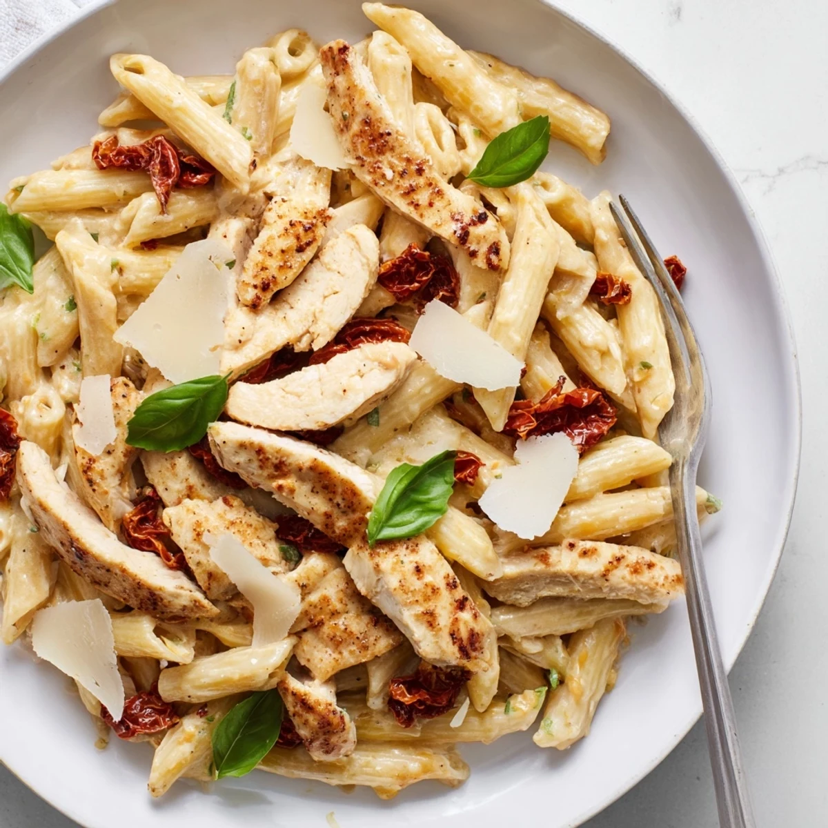 Steaming bowl of Marry Me Chicken Pasta featuring tender strips and tangy sun-dried tomatoes