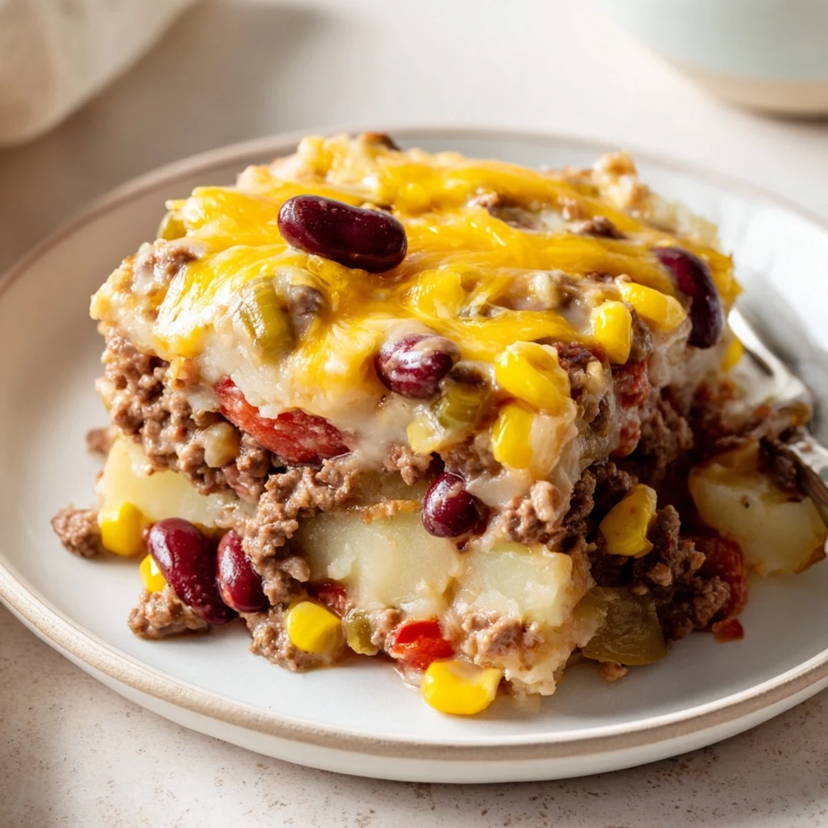 Slow cooker cowboy casserole with melted cheddar cheese topping a hearty beef and potato layer