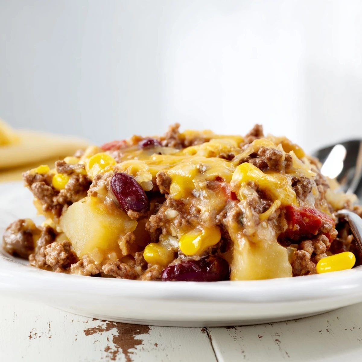 Slow cooker cowboy casserole bubbling with golden cheese, beef, potatoes, and colorful vegetables in a comforting layer