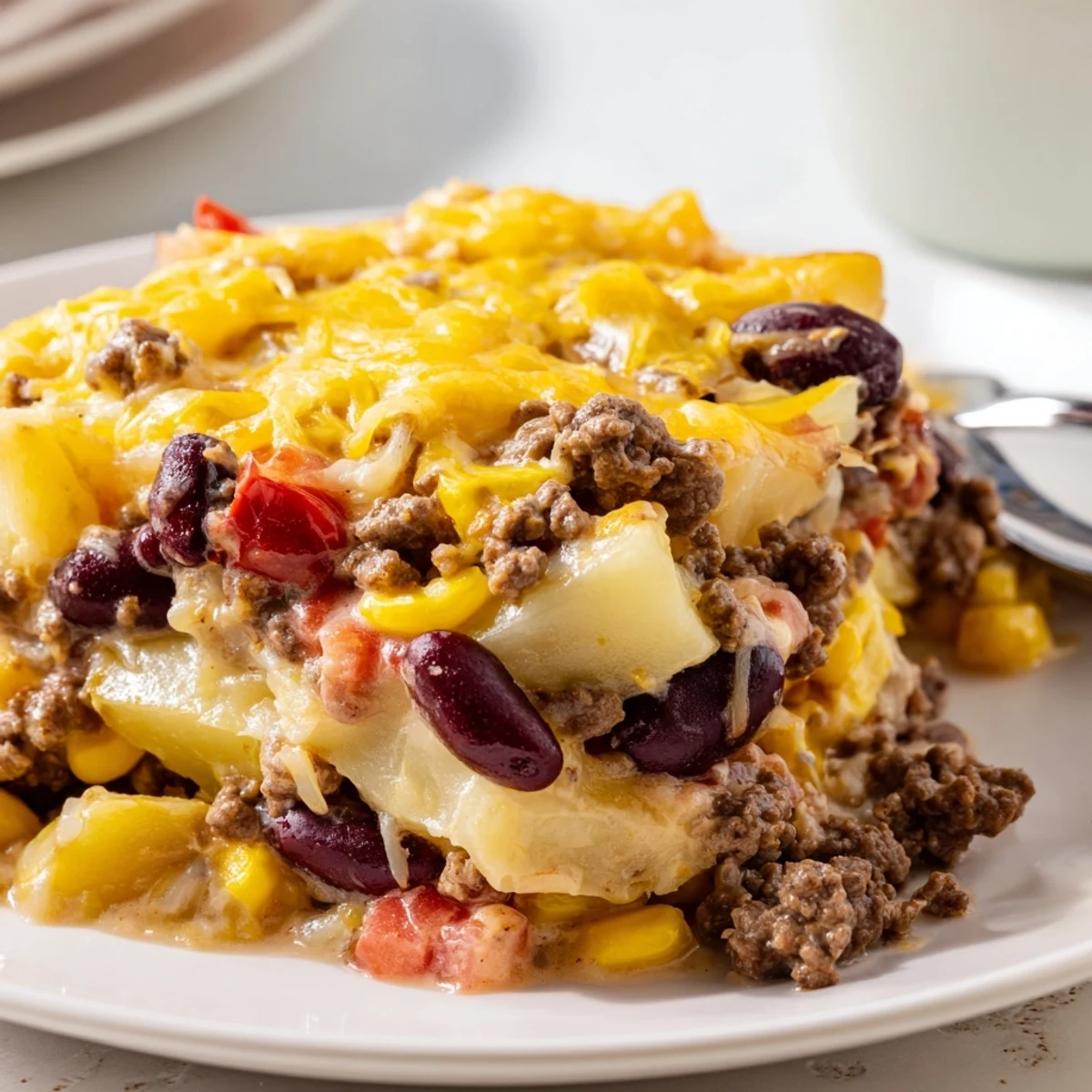 Spoonful of cowboy casserole showing ground beef, corn, beans, and tender potatoes in rich tomato sauce