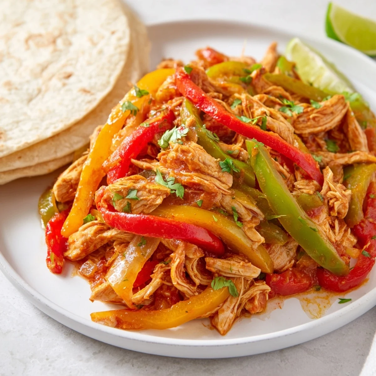 Easy Crockpot Chicken Fajitas featuring tender shredded chicken with colorful bell peppers in warm tortillas