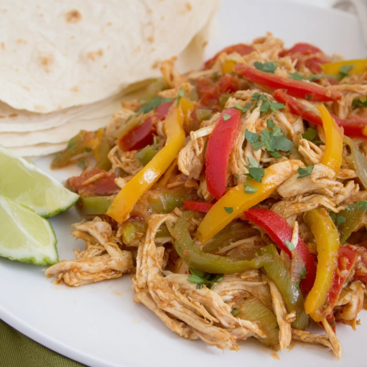 Slow cooker chicken fajitas topped with fresh cilantro and lime for a satisfying Mexican dinner