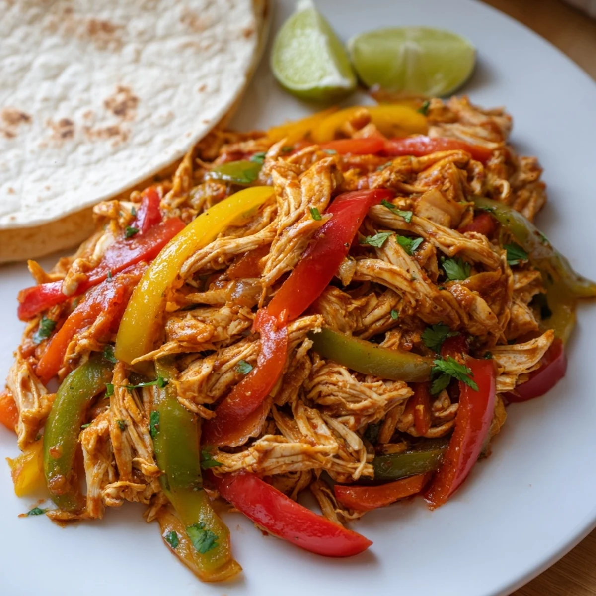 Colorful Easy Crockpot Chicken Fajitas served with sliced avocado and sour cream toppings