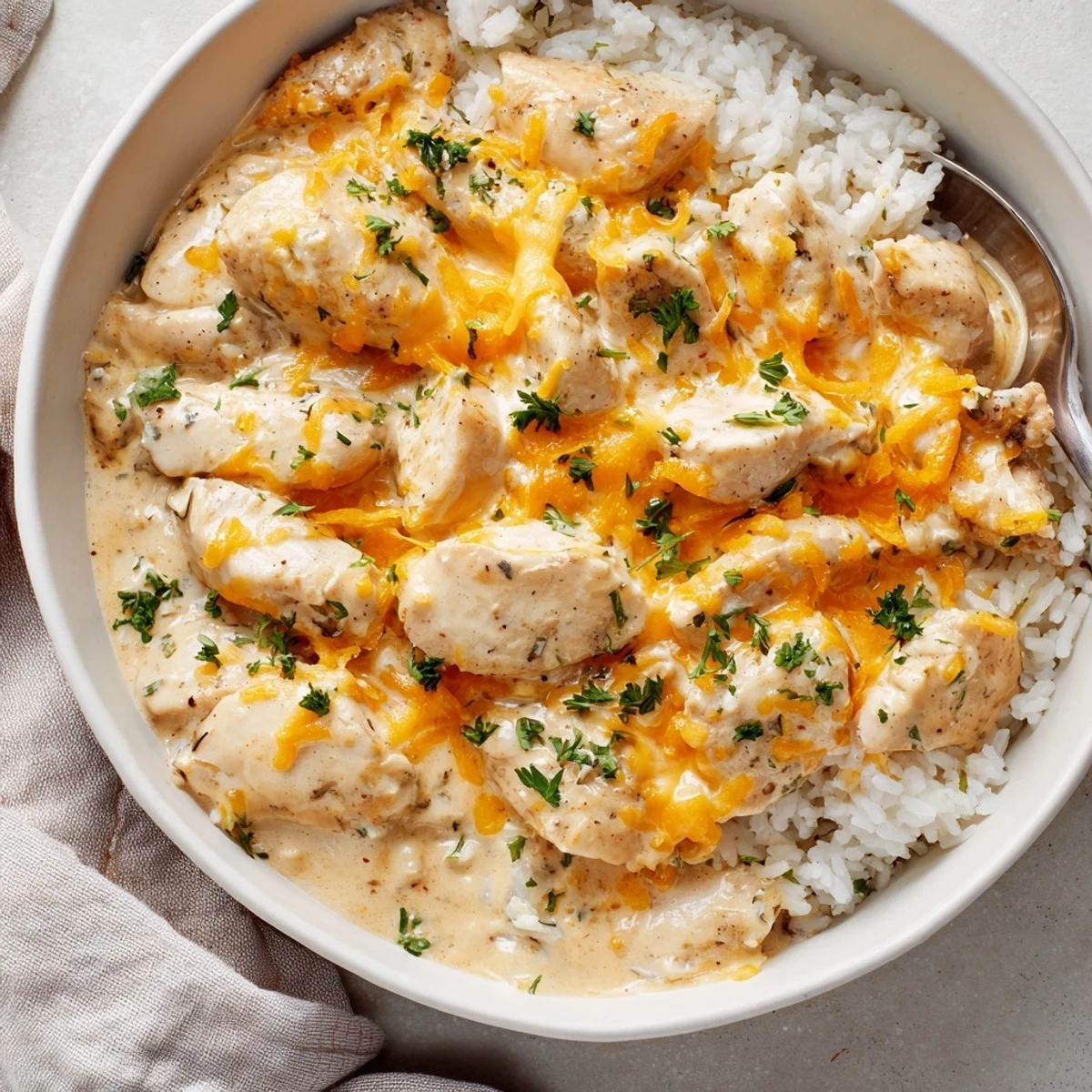 One-pan creamy smothered chicken and rice with tender meat and rich sauce