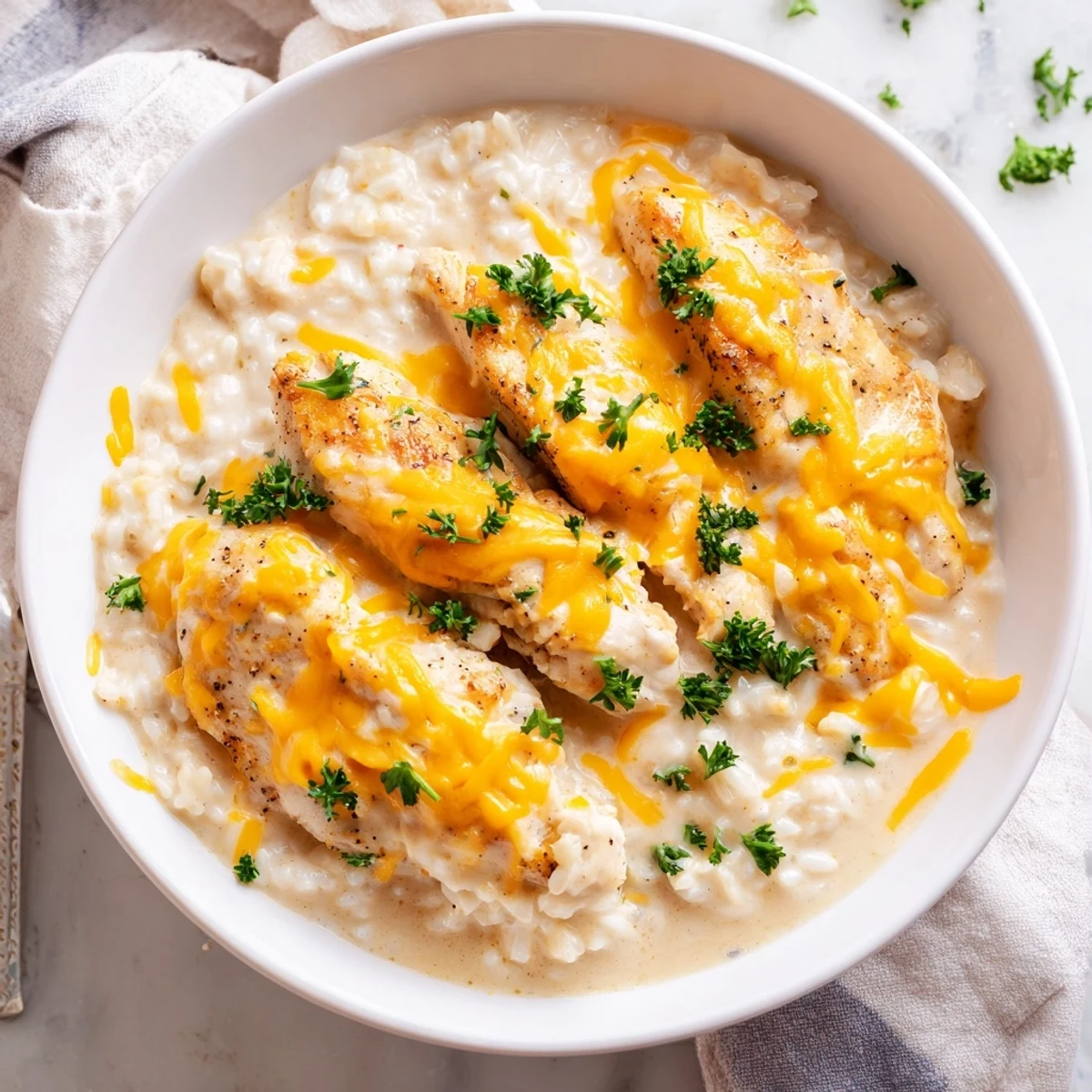 Golden brown chicken breasts nestled in creamy rice with melted cheddar cheese topping