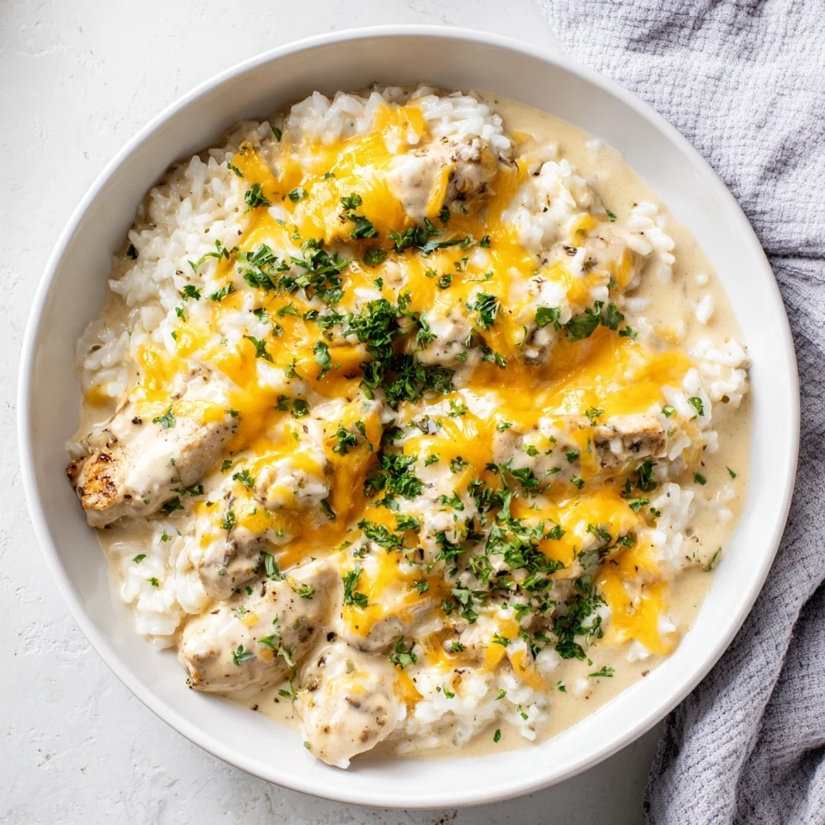 Comforting homestyle dish of chicken and rice in a savory creamy white sauce