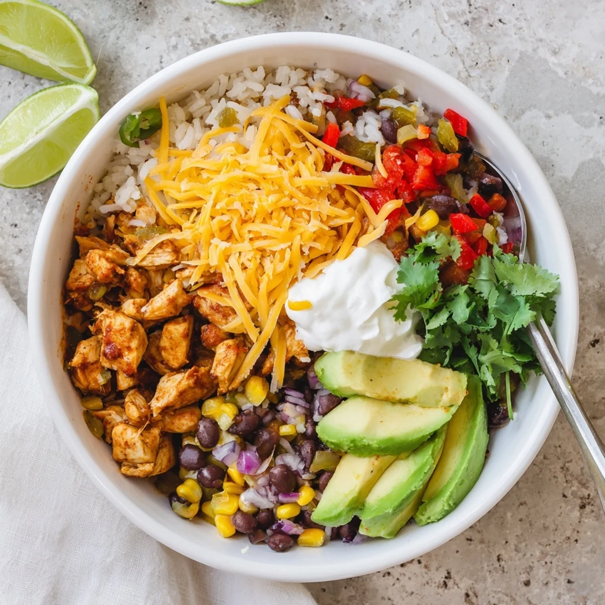Golden Instant Pot chicken burrito bowls topped with melty cheese, creamy avocado, and fresh cilantro