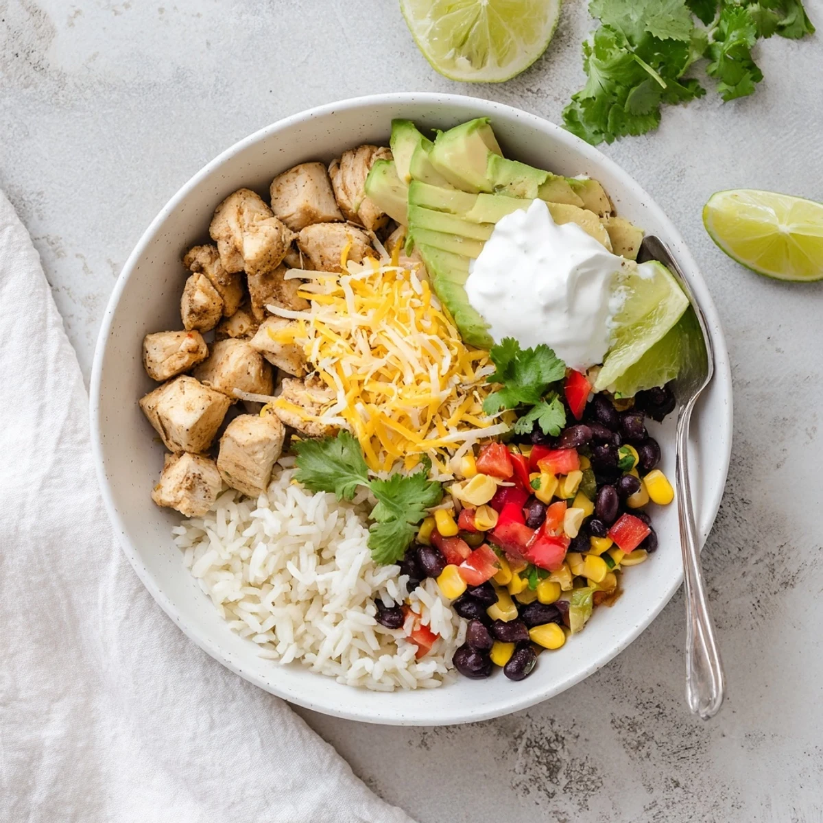 Fluffy rice bowl with seasoned chicken, black beans, corn, and colorful peppers in a vibrant serving