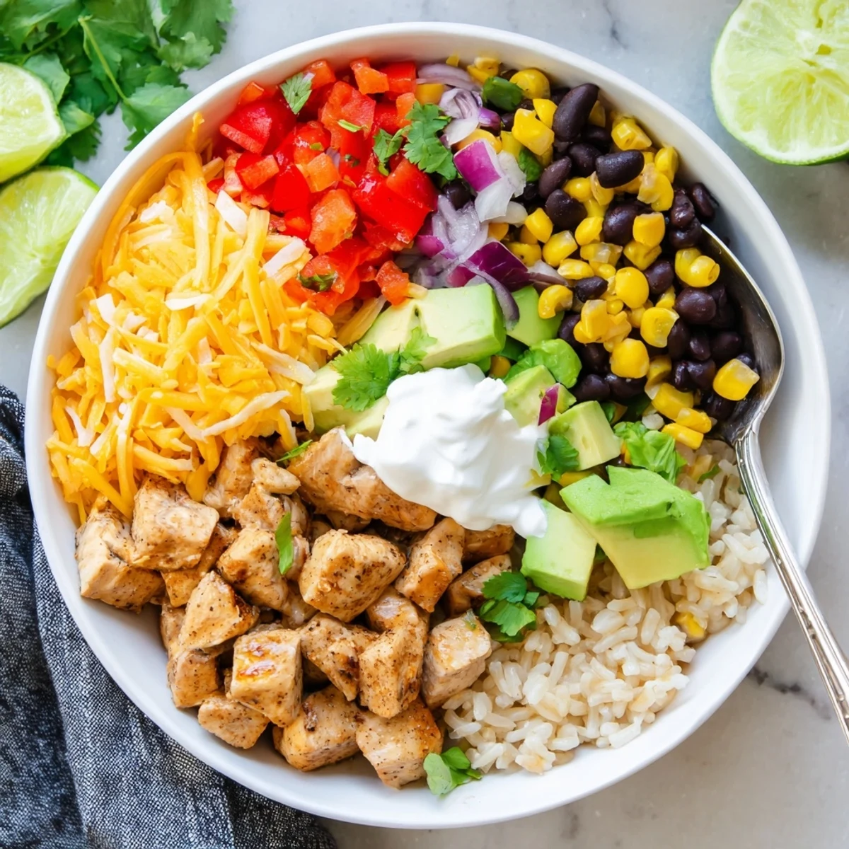 Steamy Mexican chicken burrito bowl loaded with tender meat, beans, and zesty tomatoes, garnished with lime