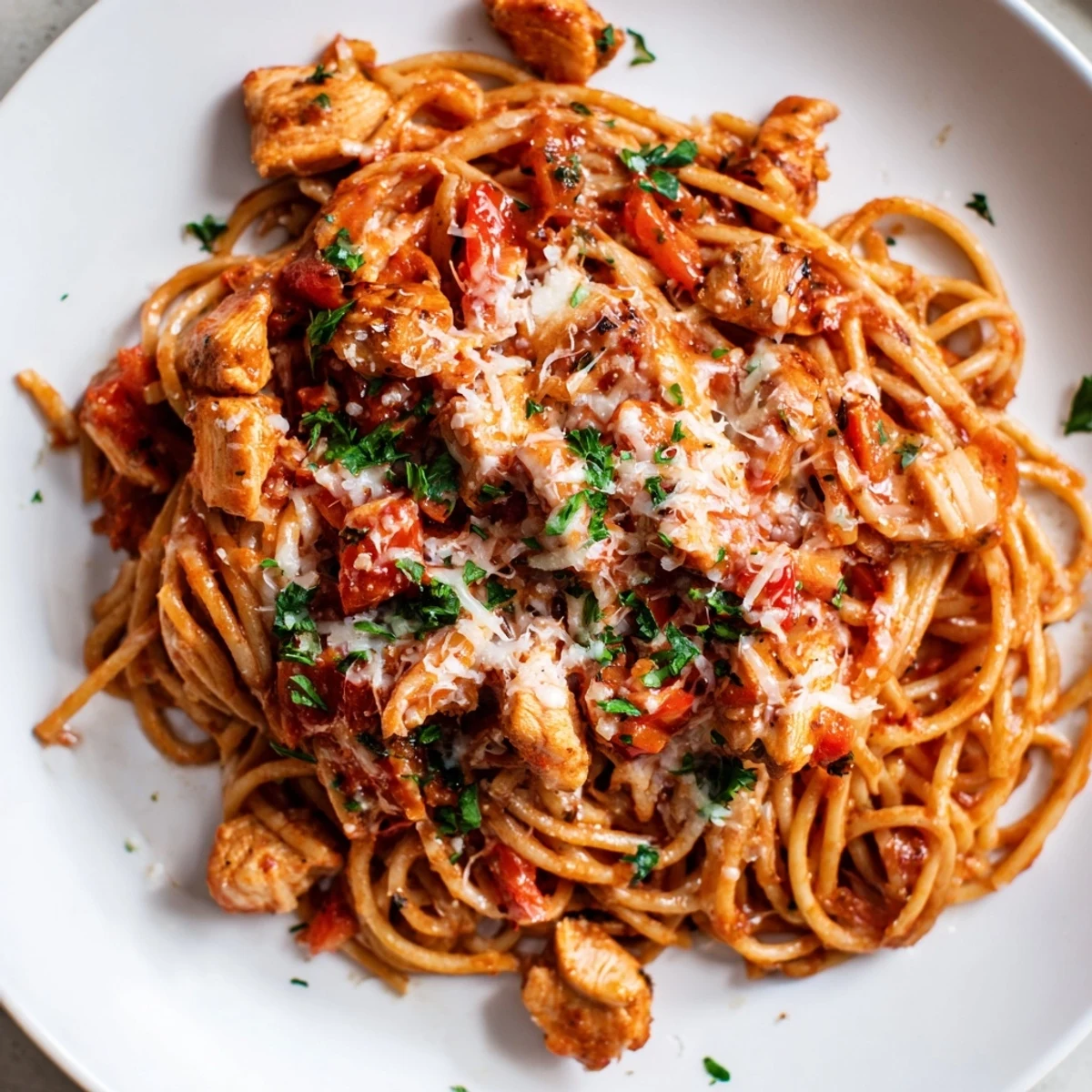Golden savory Instant Pot chicken spaghetti tossed in rich tomato sauce with melted Parmesan