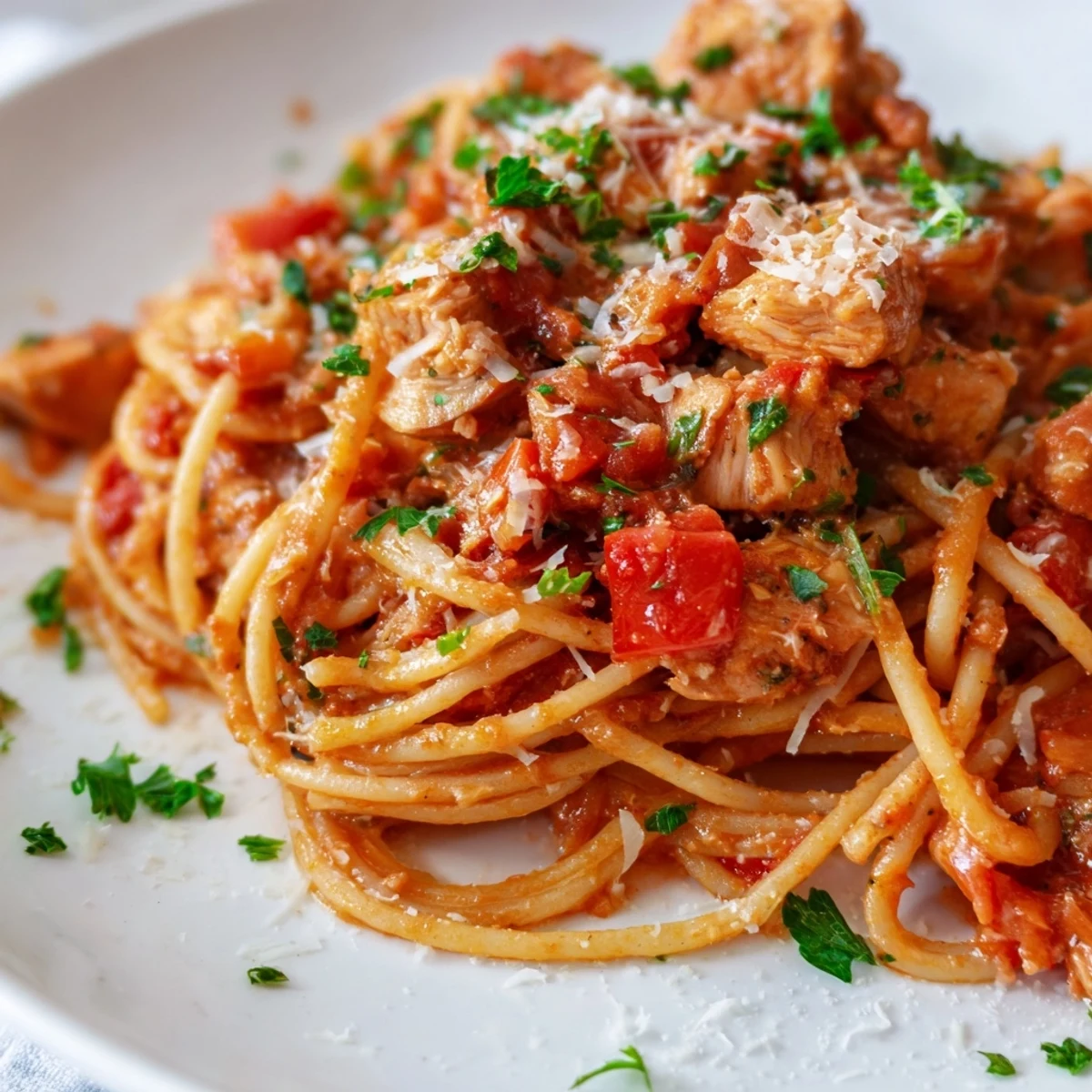 Steamy savory Instant Pot chicken spaghetti sprinkled with fresh parsley and grated Parmesan cheese