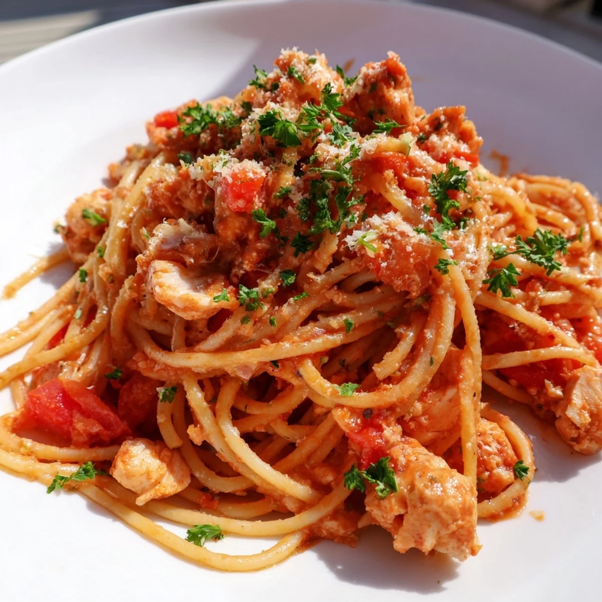 Comforting bowl of savory Instant Pot chicken spaghetti featuring tender pasta and juicy chicken chunks
