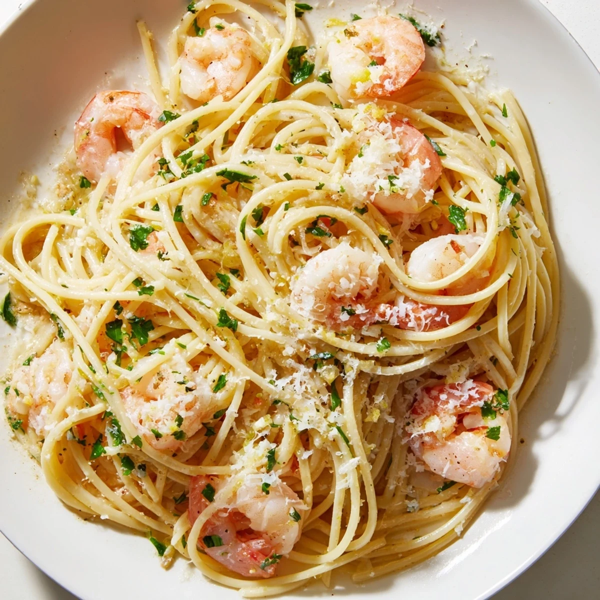 Al dente spaghetti coated in creamy white wine garlic sauce with plump pink shrimp