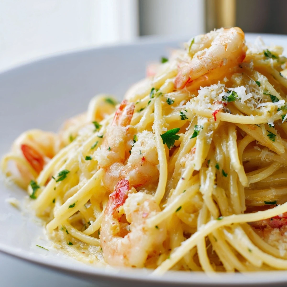 Golden shrimp scampi pasta tossed in garlic butter lemon sauce with fresh parsley garnish