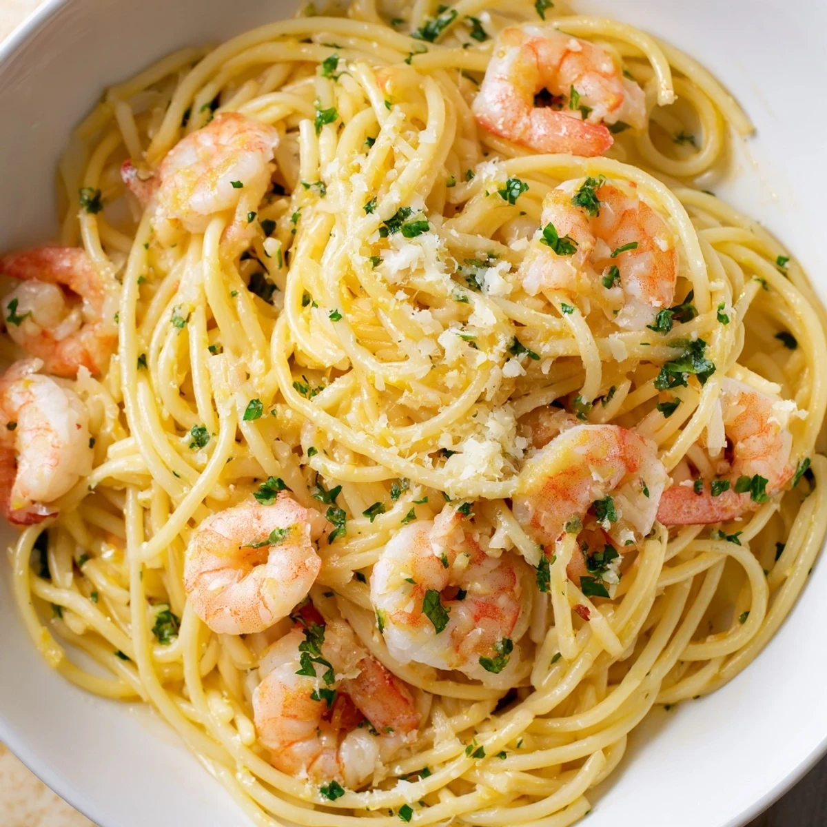 Close up of Italian-American shrimp scampi pasta with lemon wedges and grated Parmesan cheese
