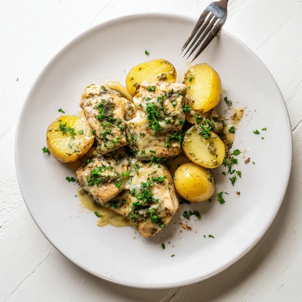 Golden slow cooker garlic parmesan chicken nestled with tender baby potatoes and onions