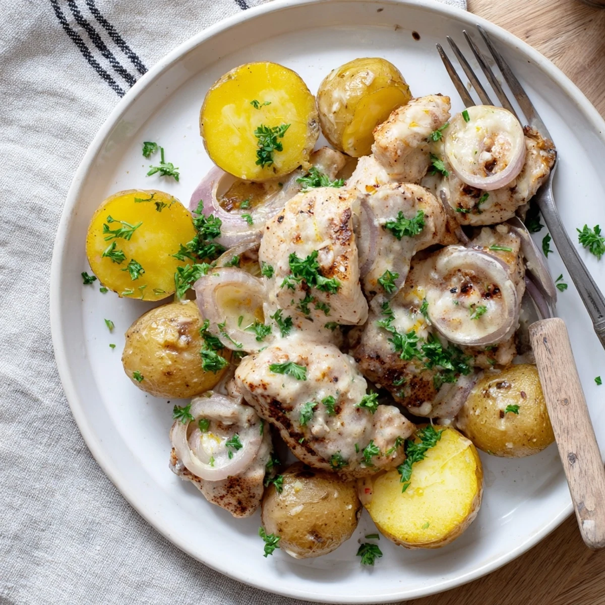 Creamy garlic parmesan chicken and potatoes slow cooked to perfection in a rich sauce