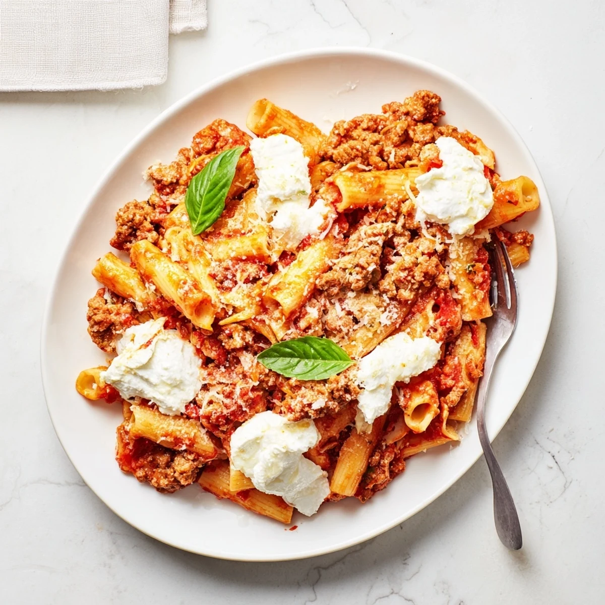 Golden bubbling slow cooker baked ziti topped with melted mozzarella and fresh basil