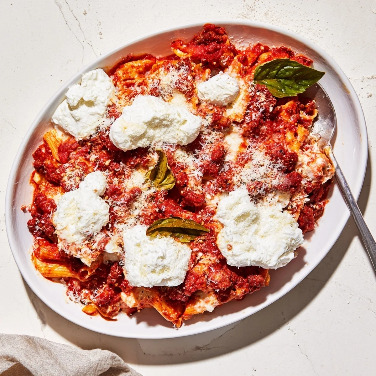 Hearty bowl of Italian sausage baked ziti with creamy ricotta layers in rich tomato sauce