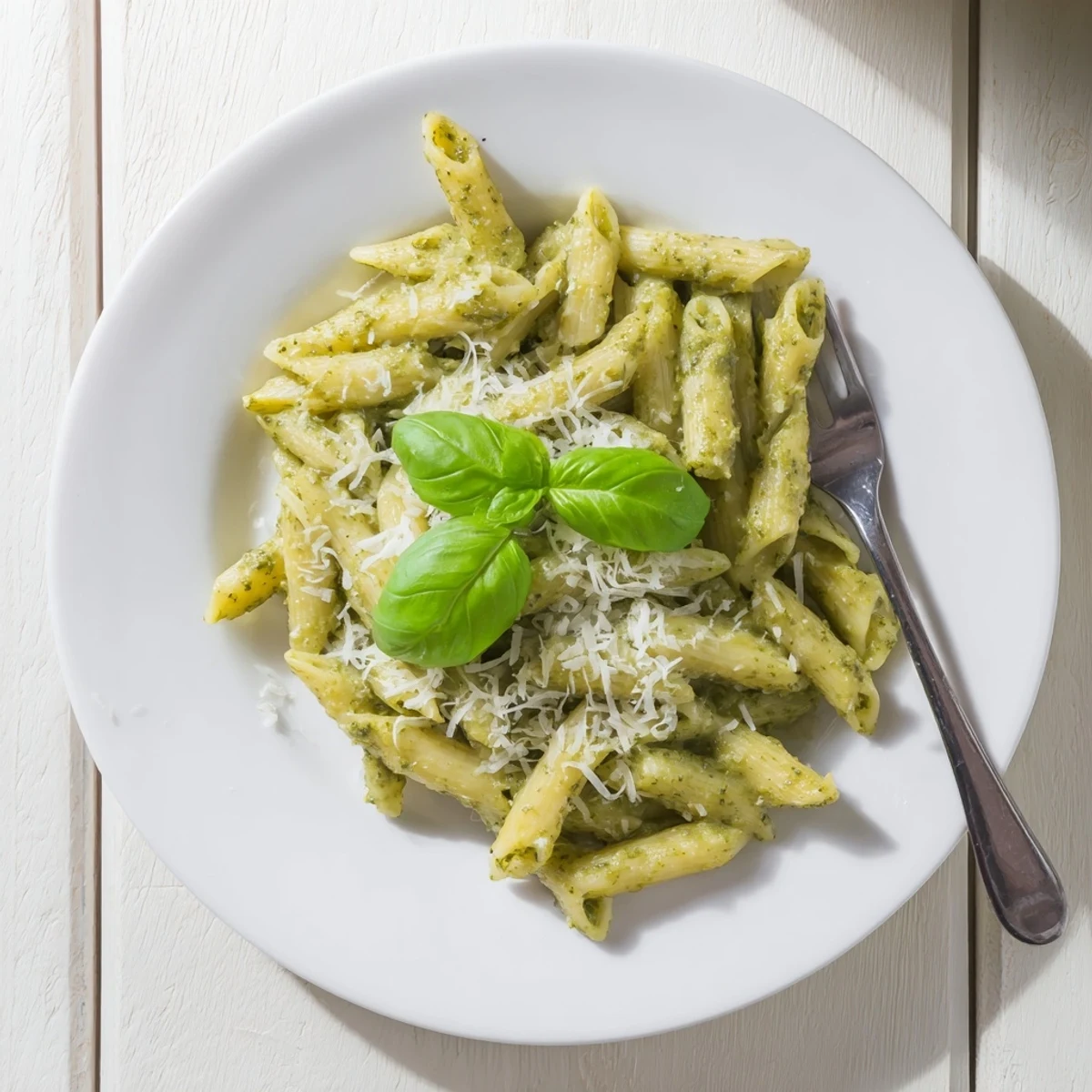 Creamy pesto pasta coated in rich green basil sauce with Parmesan cheese garnish