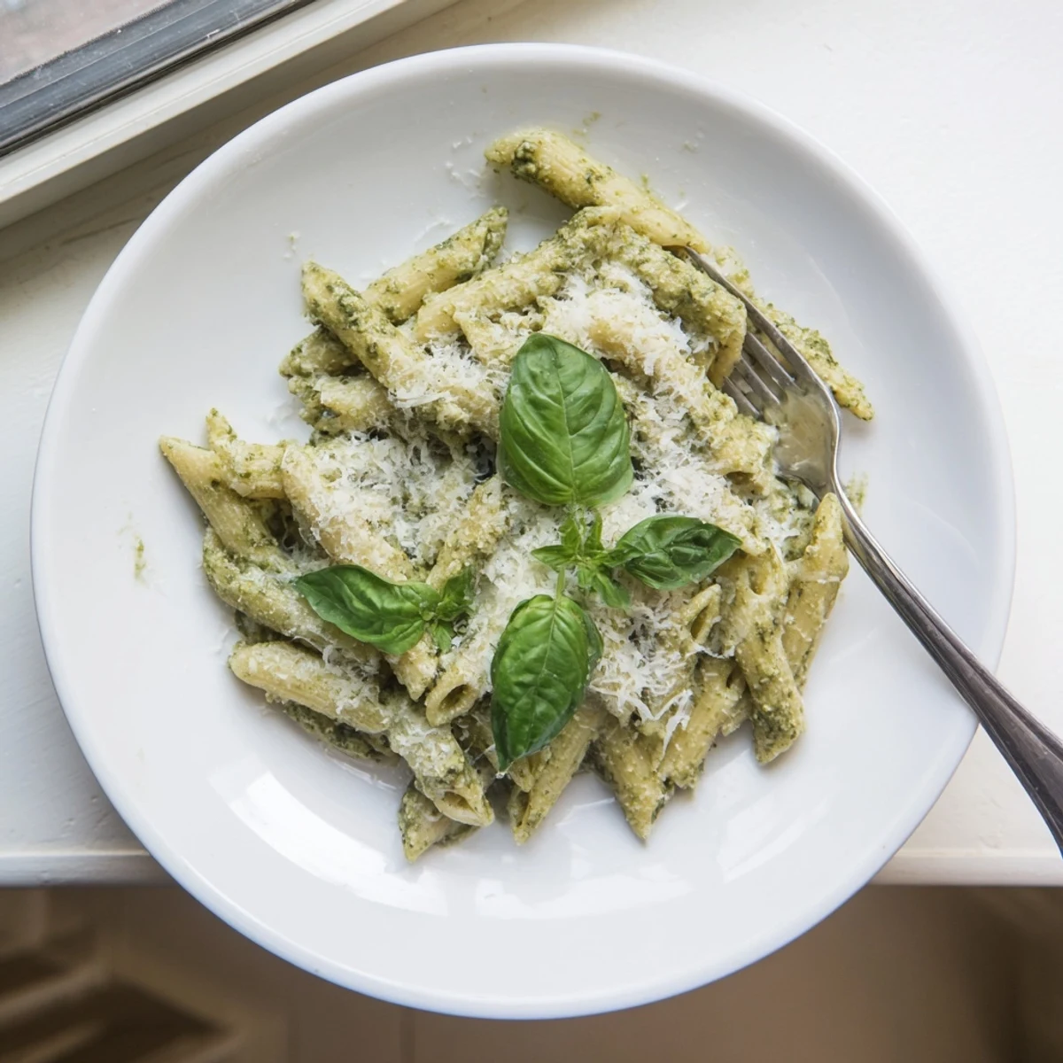 Bowl of creamy pesto pasta tossed with fresh basil and grated Parmesan topping