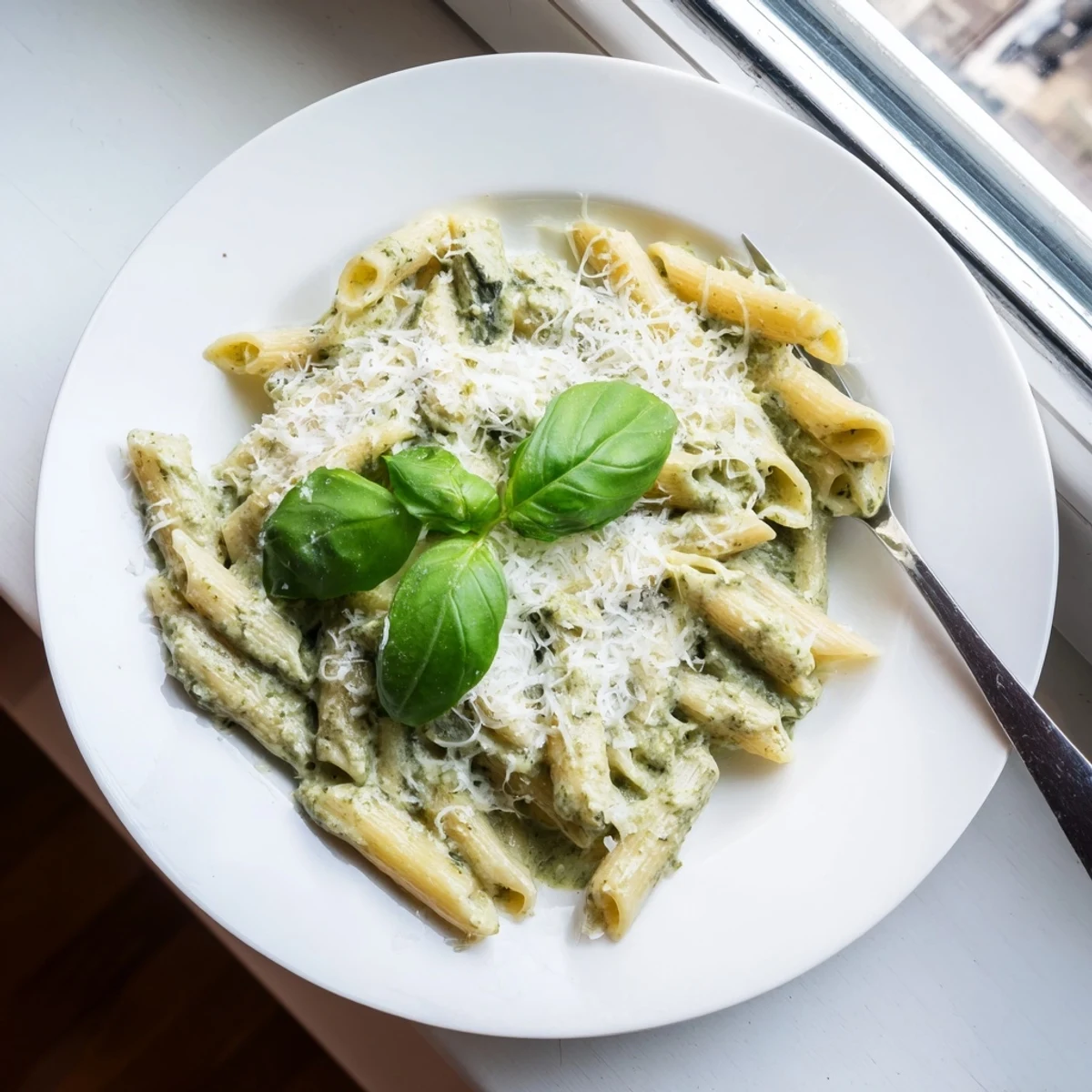Savory creamy pesto pasta dish with vibrant green sauce and fresh basil sprinkles