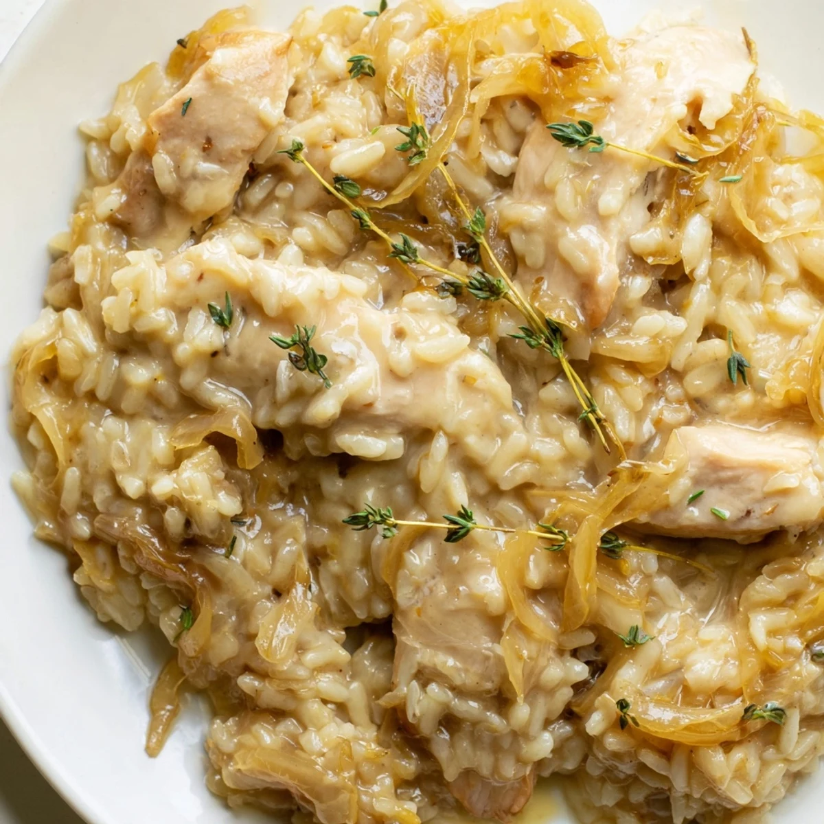 Creamy French onion chicken rice served in a white bowl topped with melted Gruyère cheese and fresh thyme