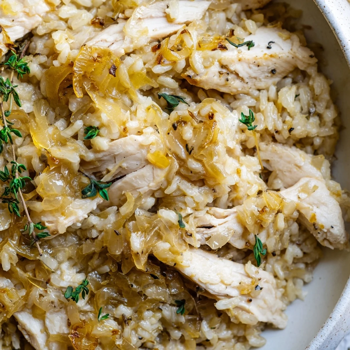Savory French onion chicken and rice skillet bubbling with shredded cheese and tender caramelized onion layers