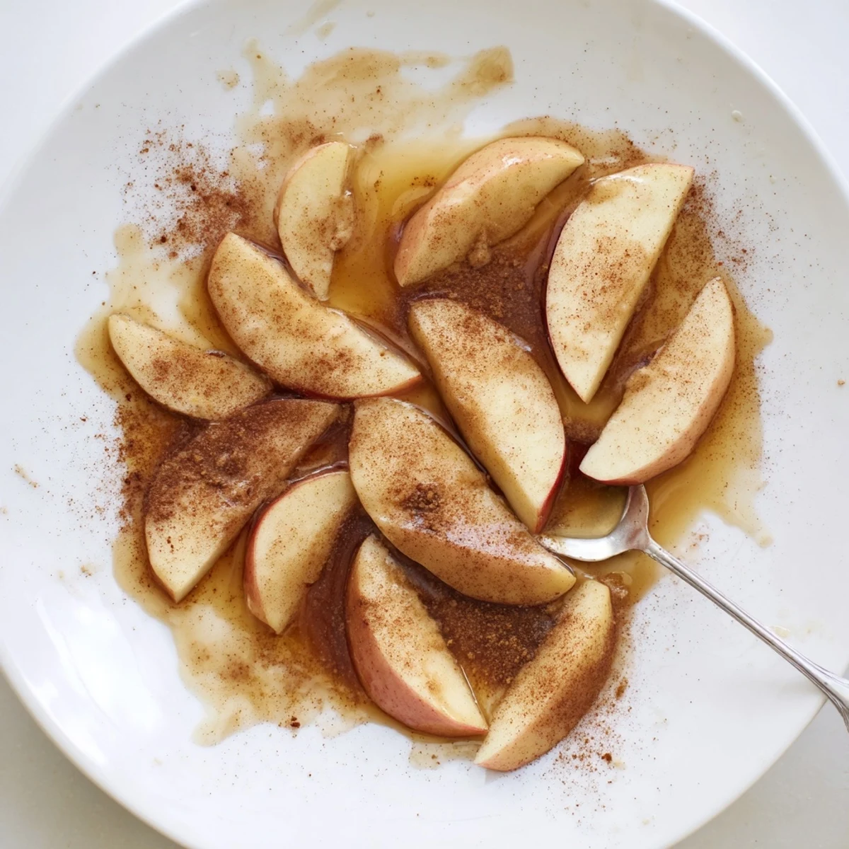 Steaming bowl of sweet spiced apple dessert topped with buttery cinnamon glaze