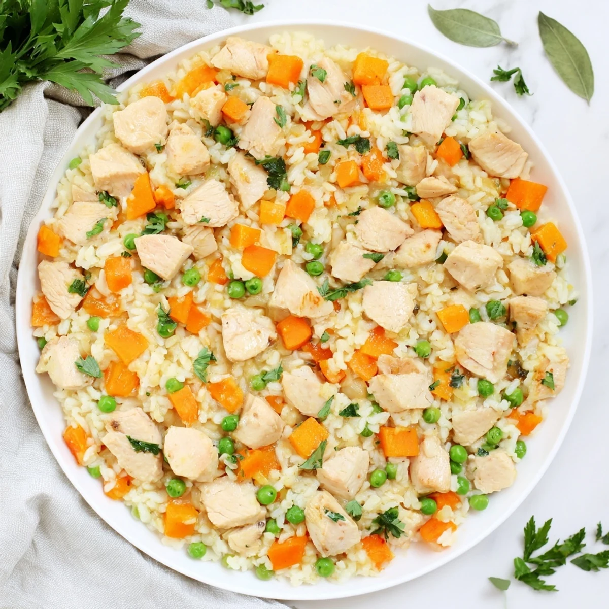 Golden Instant Pot chicken and rice featuring tender meat, colorful vegetables, and fluffy grains in a bowl