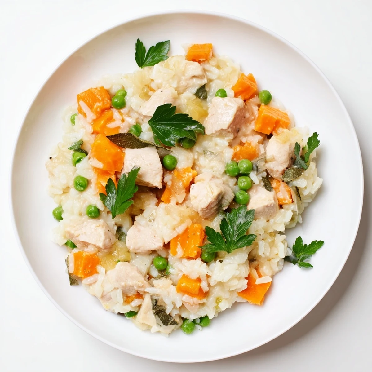 Comforting one-pot chicken and rice recipe with savory broth, diced carrots, peas, and fresh parsley garnish