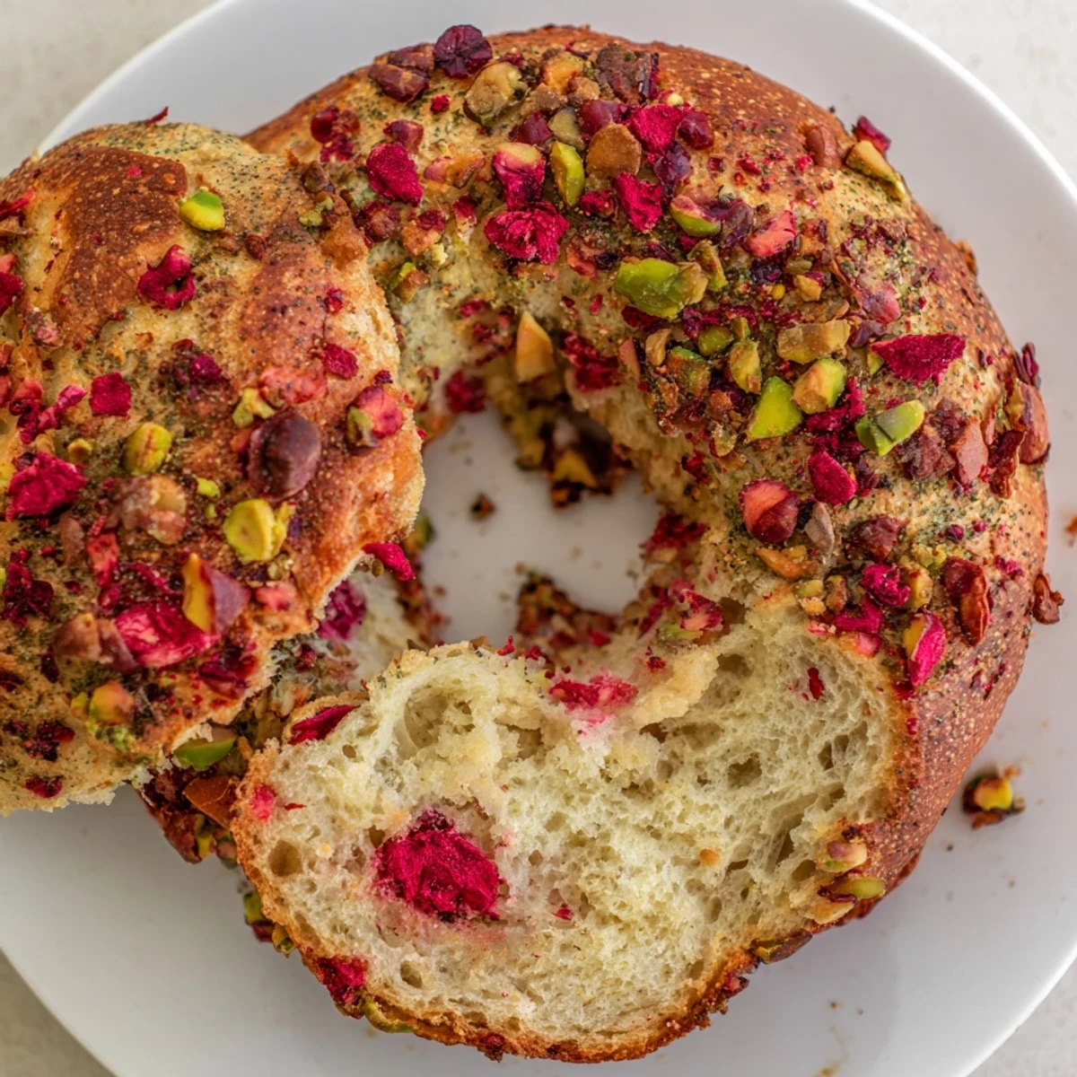 Golden brown raspberry pistachio sourdough bagels topped with crunchy nuts and bright red berry pieces