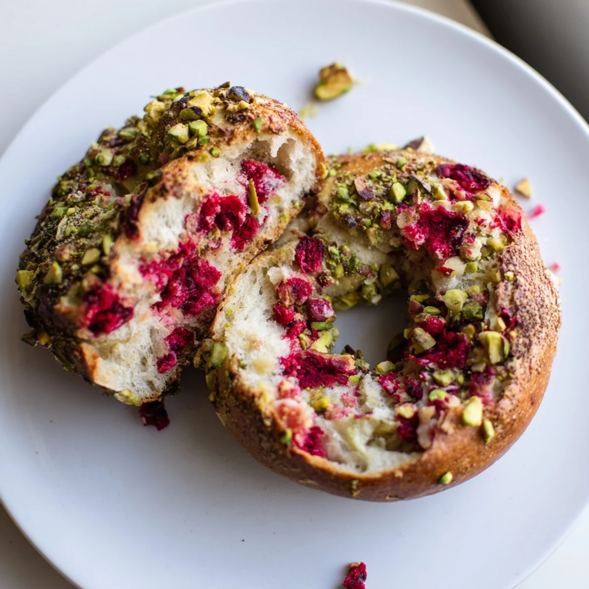Chewy homemade sourdough bagels studded with pink raspberries and green pistachios on a wooden board