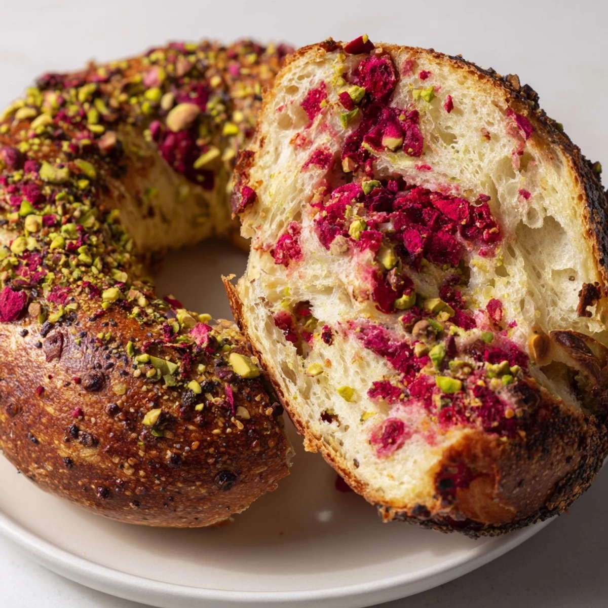 Freshly baked bagels featuring tart raspberry swirls and nutty pistachios, perfect sliced with cream cheese