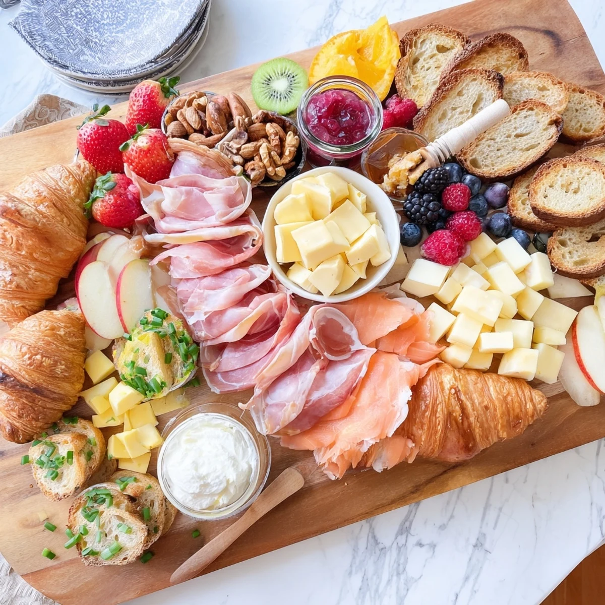 Colorful breakfast charcuterie board arranged with prosciutto, cheeses, fresh berries, and flaky croissants on a wooden platter