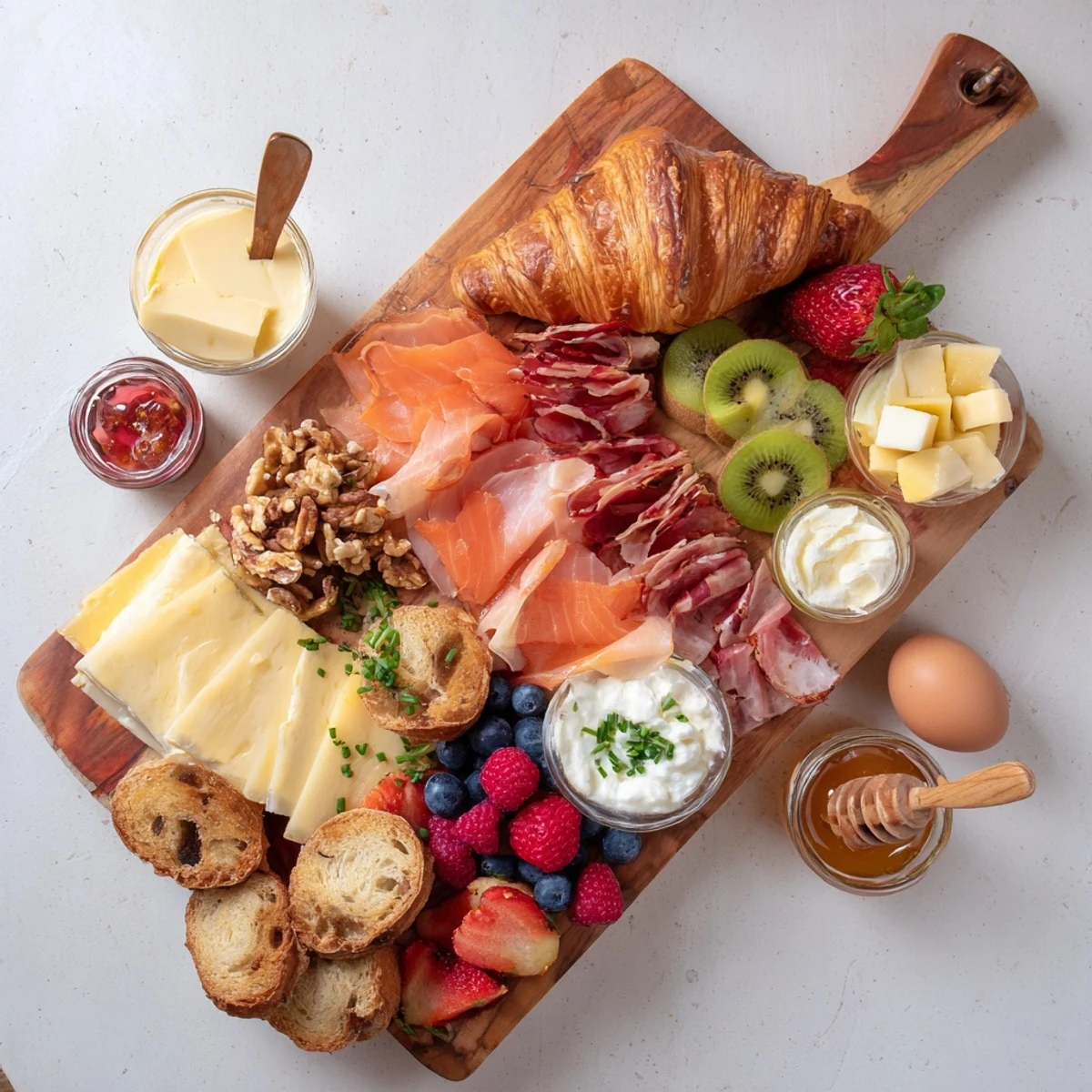 Rustic breakfast charcuterie board displaying cured meats, artisan cheeses, pastries, and seasonal fruits for a crowd-pleasing brunch spread