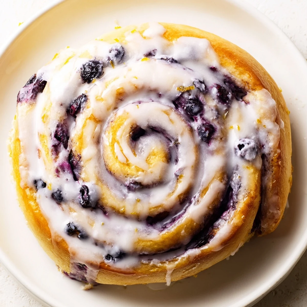 Golden lemon blueberry rolls drizzled with zesty glaze on a white serving plate