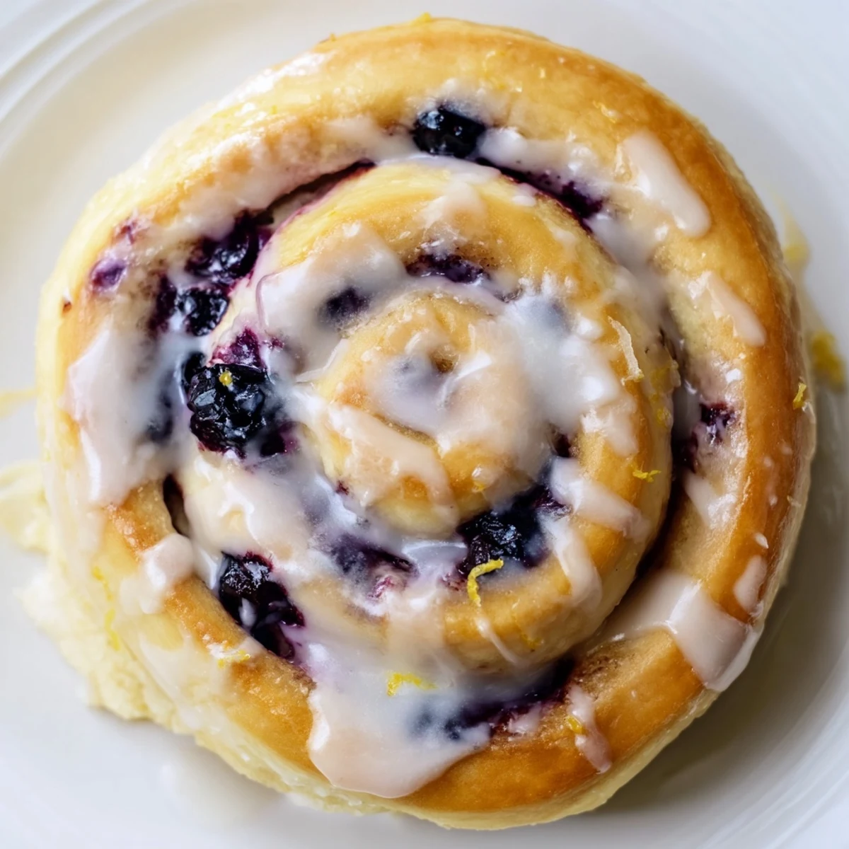 Freshly baked breakfast rolls swirled with blueberries and topped with lemon icing