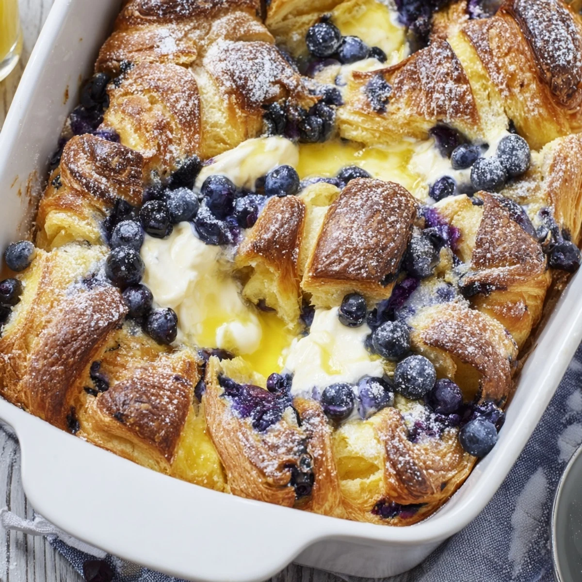 Golden blueberry cream cheese croissant casserole with plump berries bubbling through buttery layers