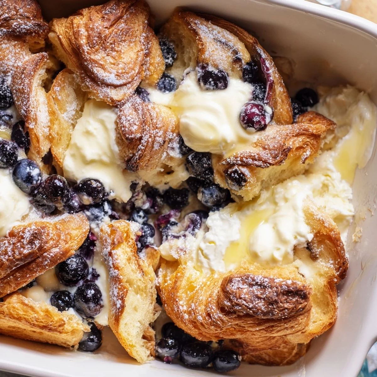 Flaky croissant breakfast bake dotted with fresh blueberries and creamy cheese filling