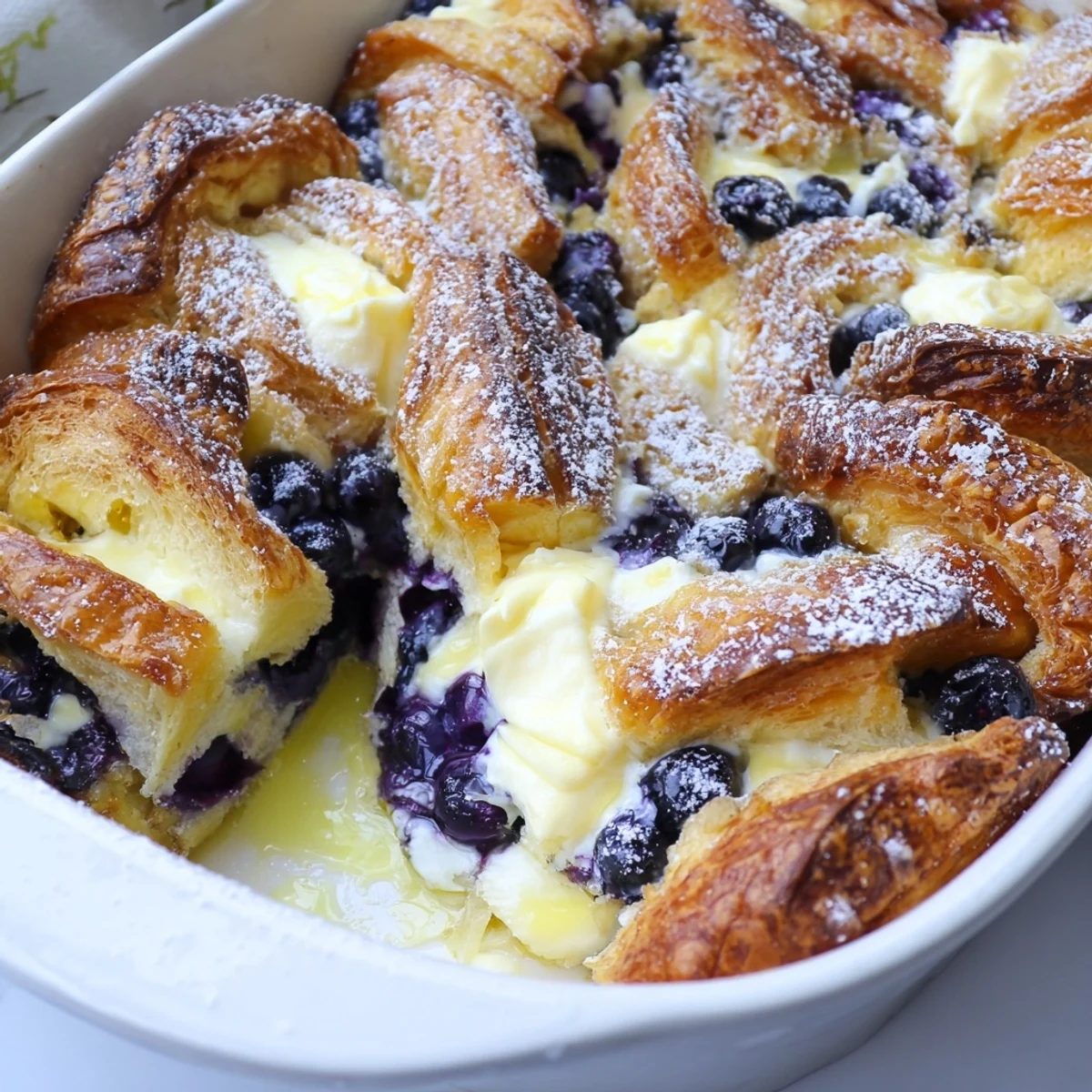 Spoonful of warm blueberry cream cheese croissant casserole dusted with powdered sugar