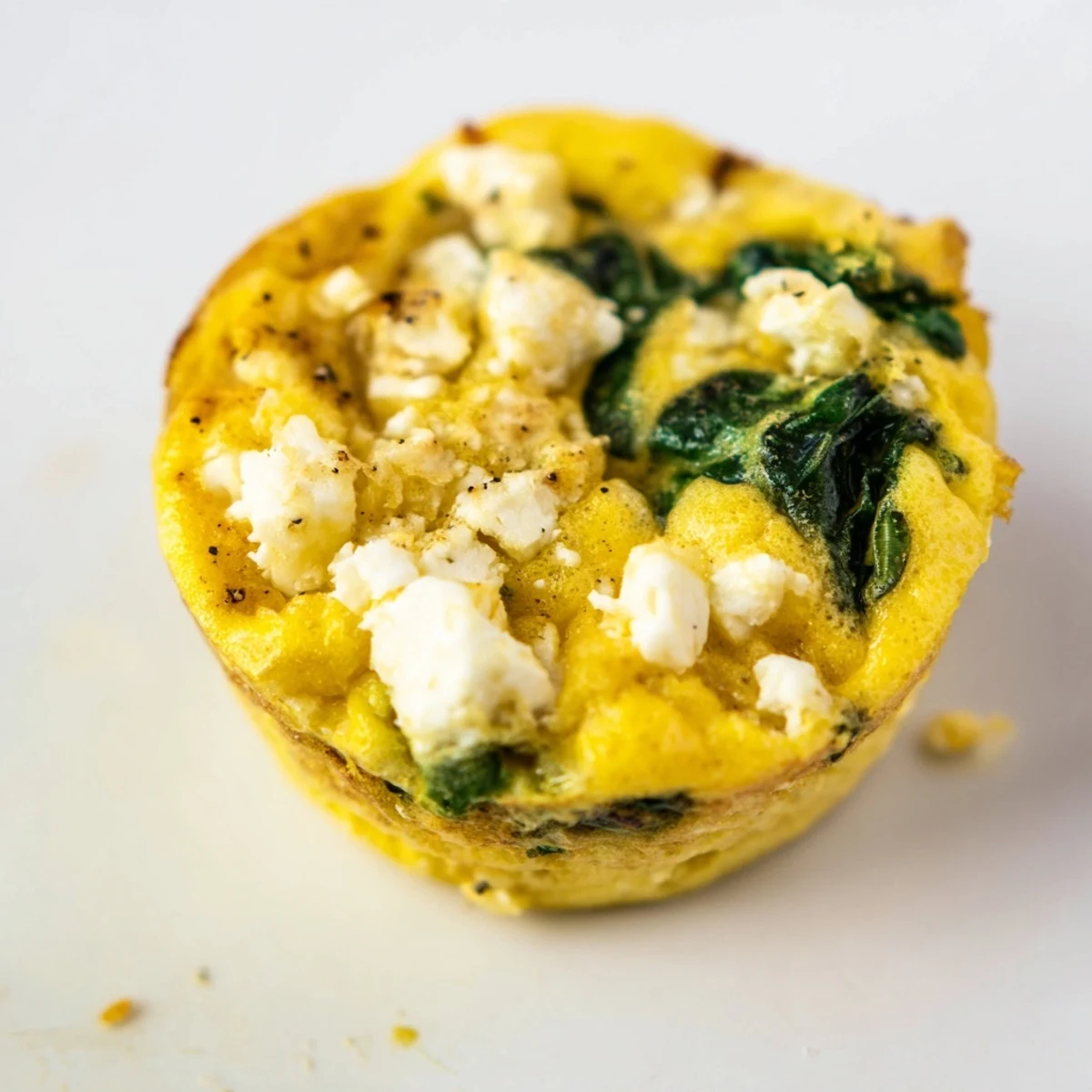 Savory egg muffins with spinach and feta featuring flecks of wilted green spinach