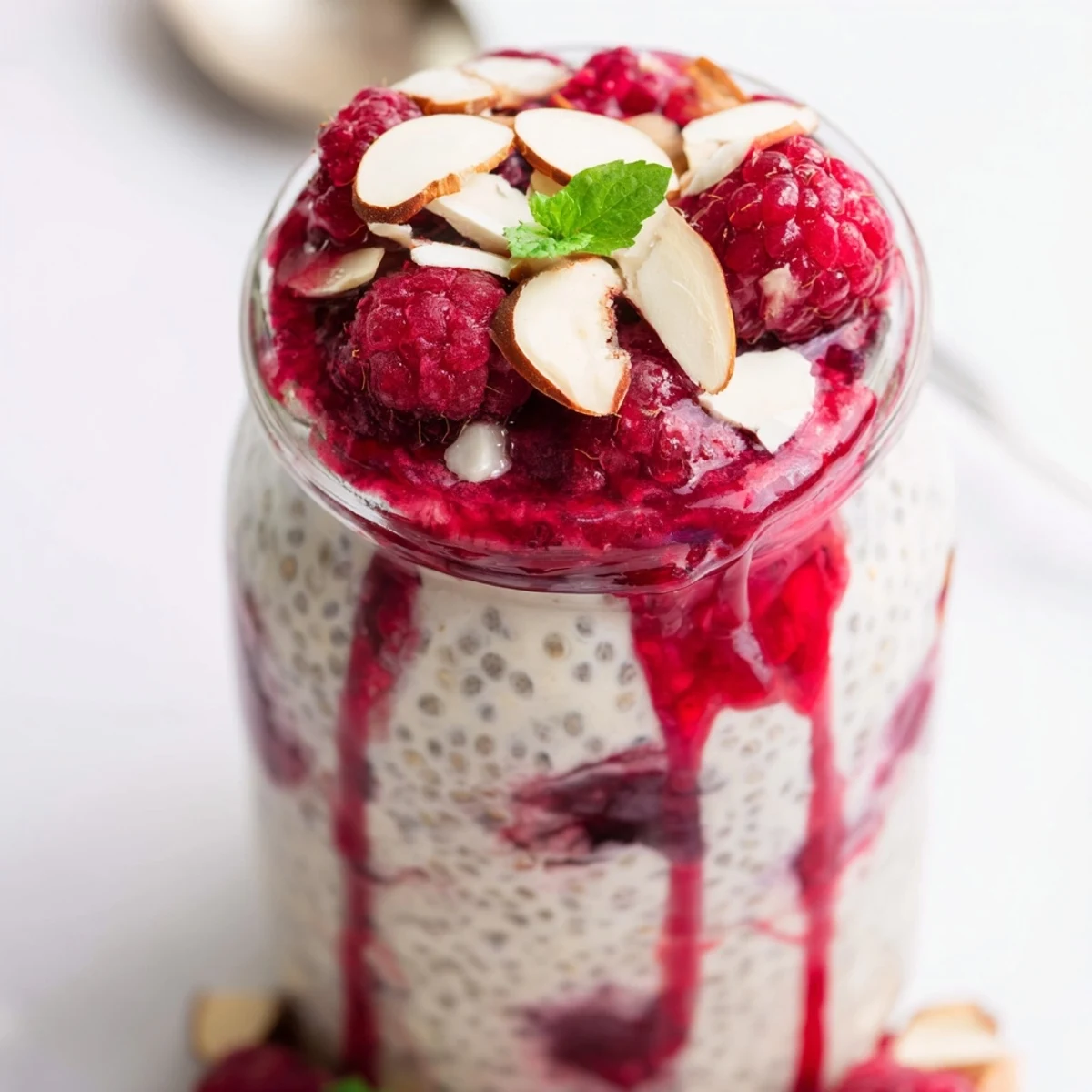 Creamy raspberry chia pudding sweetened naturally with maple syrup and topped with fresh berries