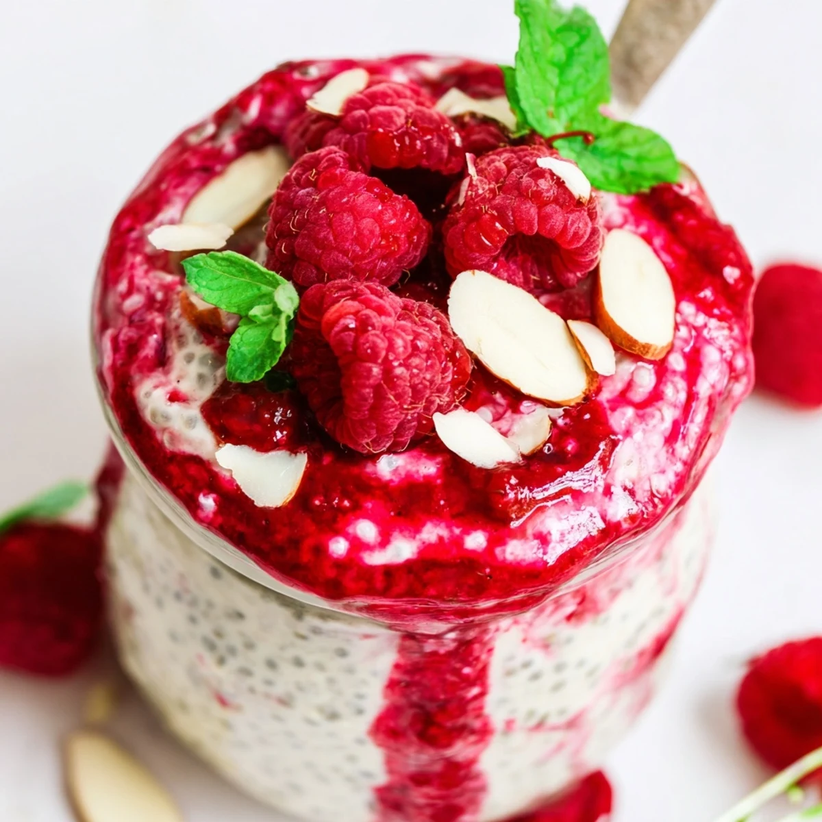 Layered chia seed pudding with vibrant raspberry swirl and drizzled maple syrup in glass jars