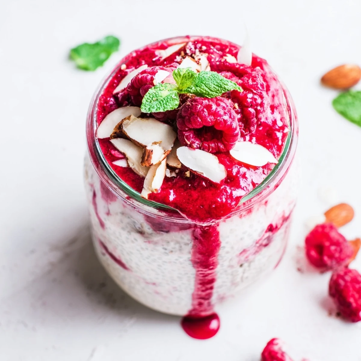 Thick and creamy raspberry chia breakfast pudding layered with sweet maple raspberry compote